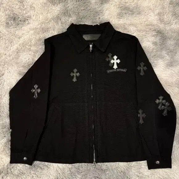 Chrome Hearts 블랙 크로스 패치워크 진 자켓 남성용 라지