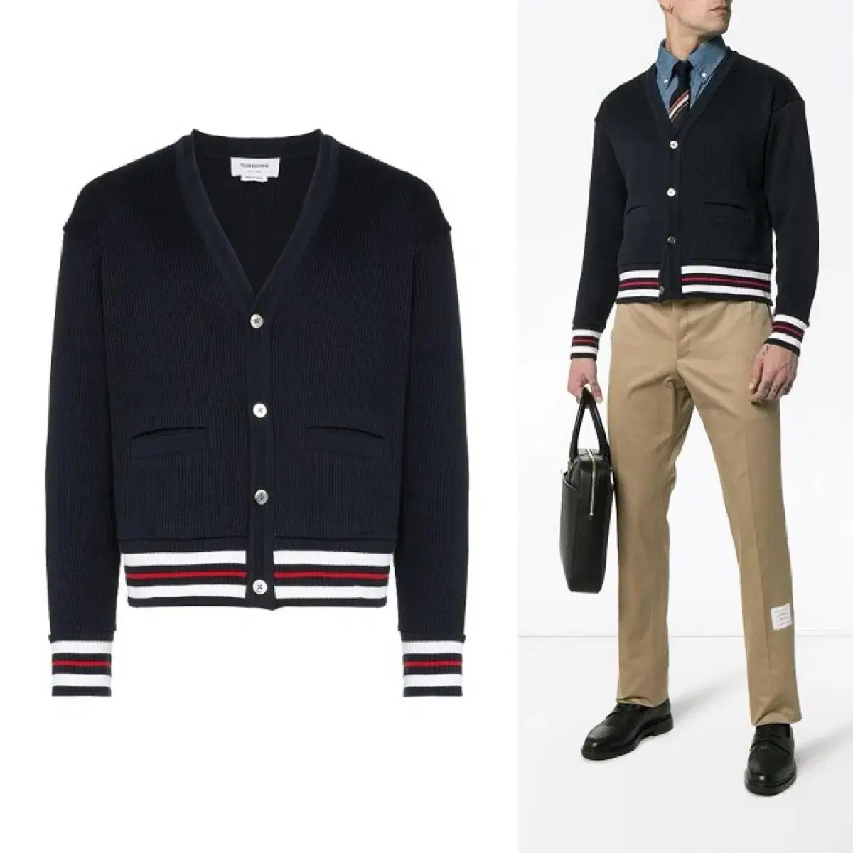 Genuine Thom Browne Three Stripe Cardigan Navy MJT138A Free Shipping