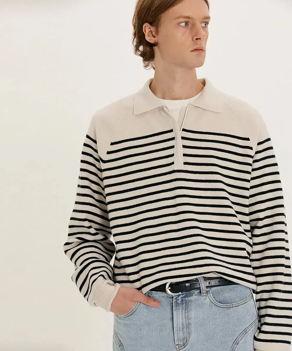 Dust Stripe Zip-Up Knit Cream OML