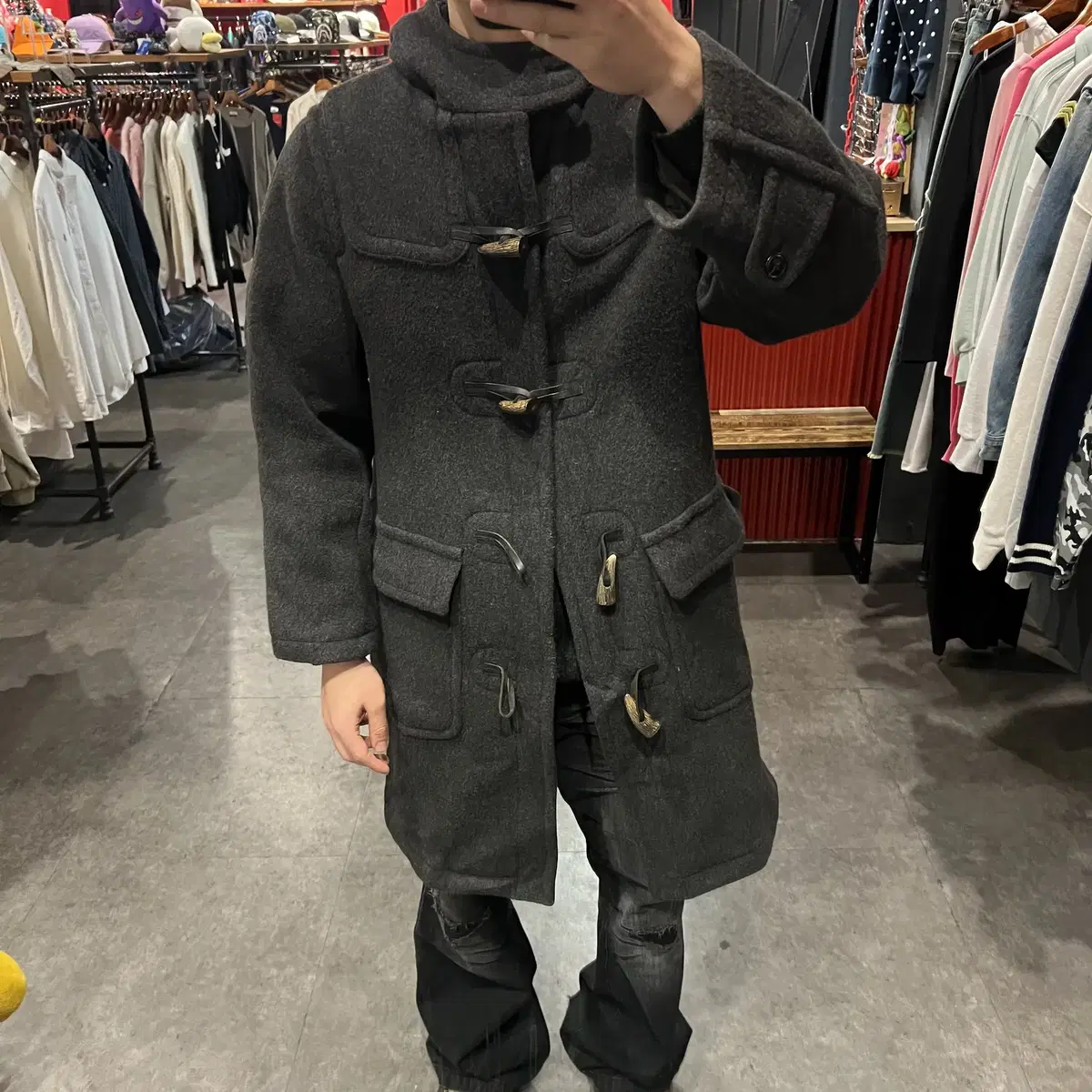 (END363) Vintage Wool Hooded Tteokbokki Coat Dark Gray