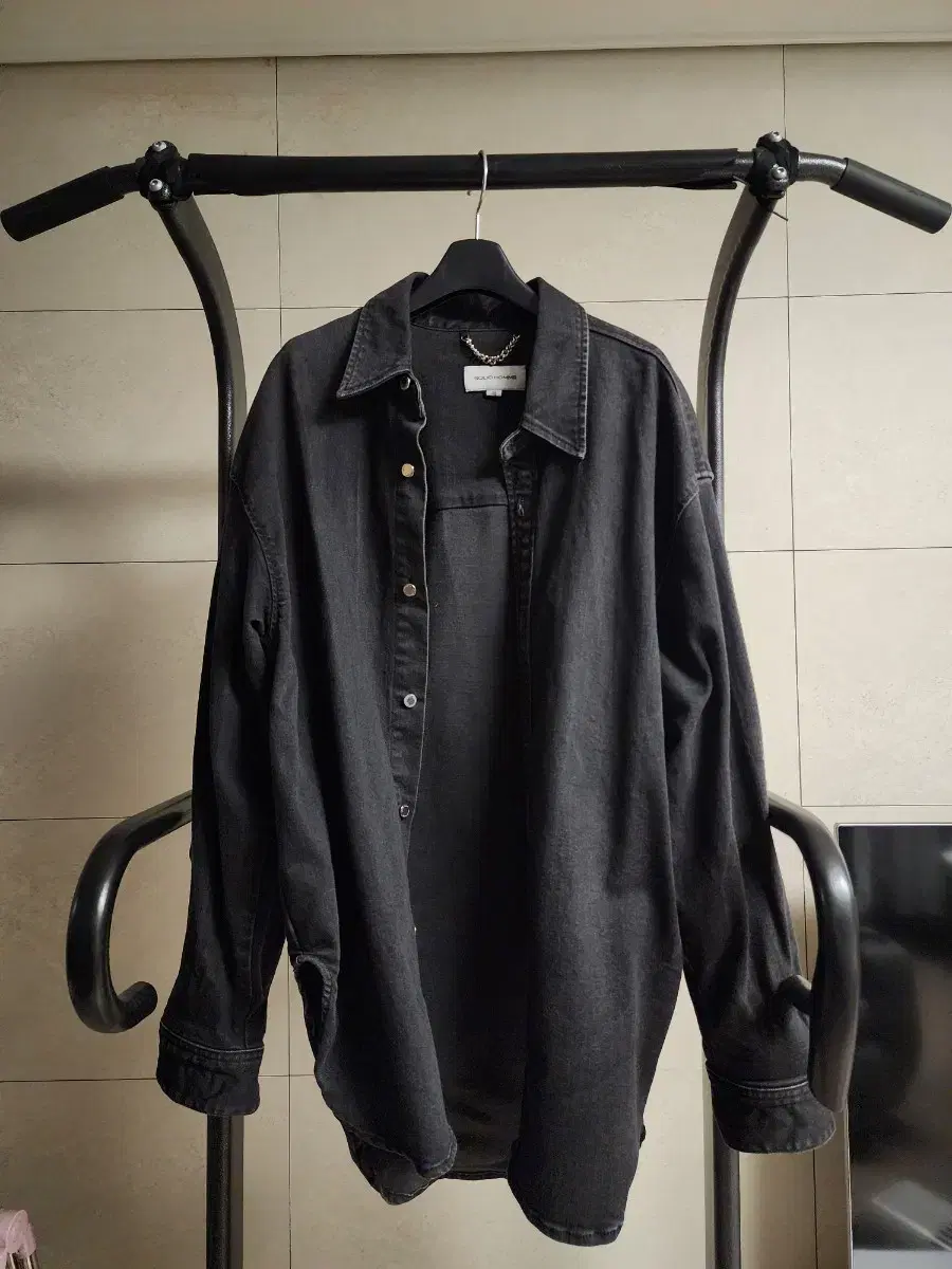 (48/100~105)Solid Homme Overfit Black Windowpane Denim Shirt Jacket