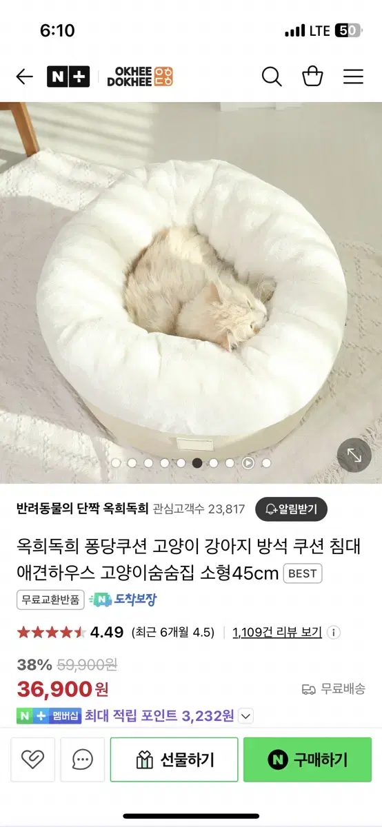 옥희독희 퐁당쿠션 고양이 방석 쿠션 L