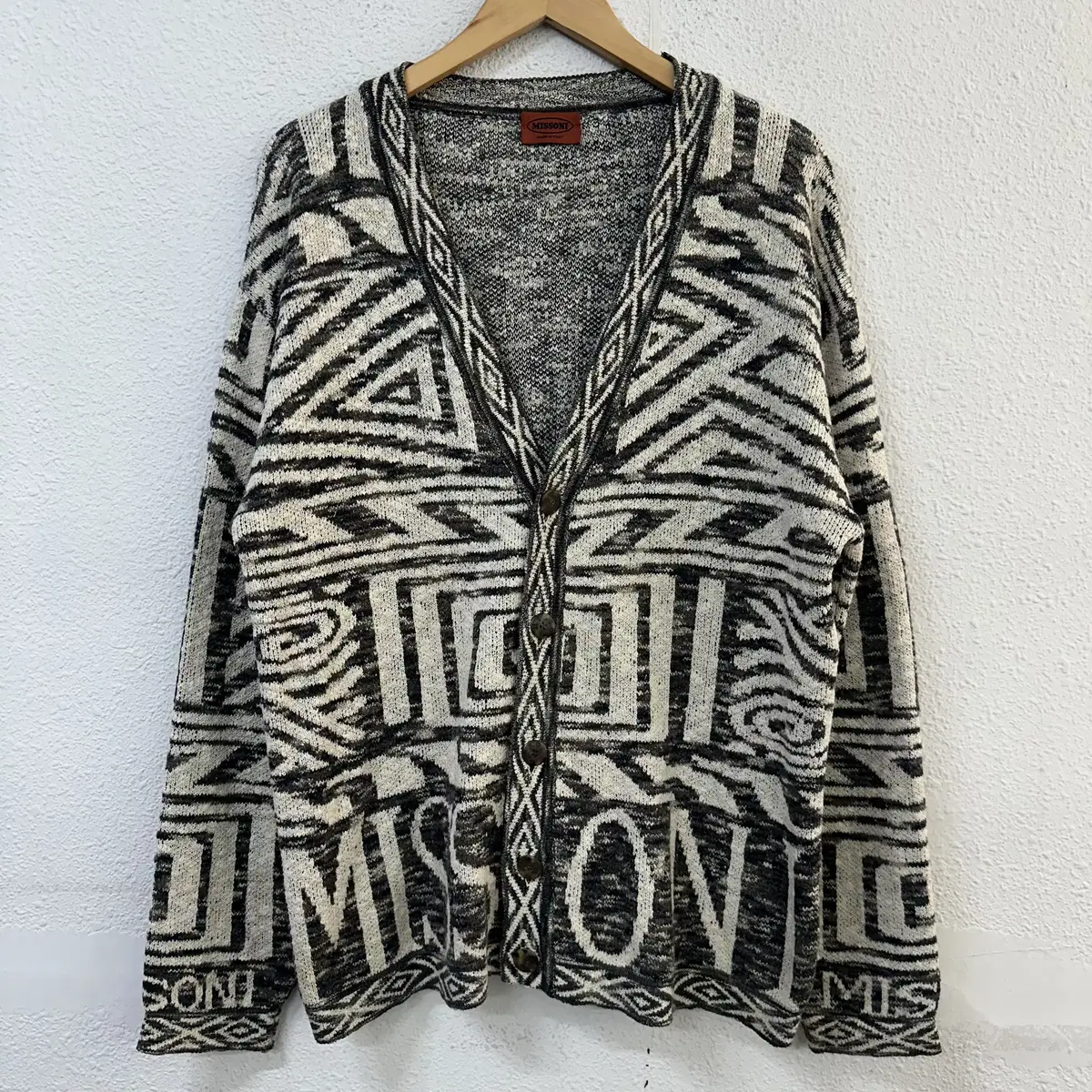 [105~] Missoni Big Logo Geometric Pattern Vintage Knit Cardigan 0664