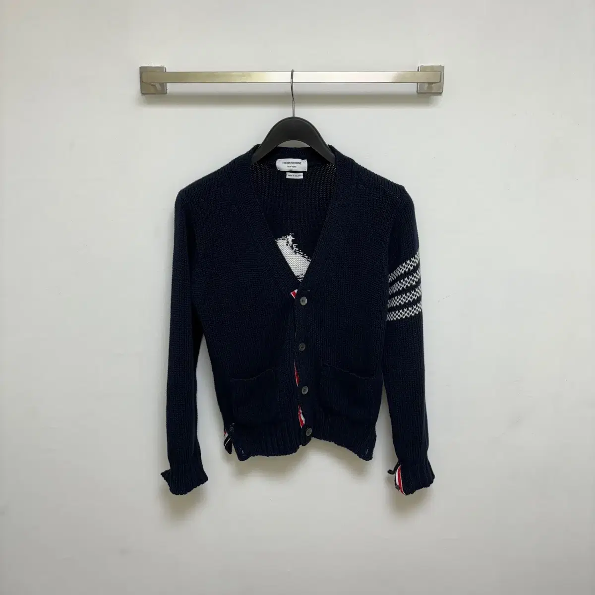 (2) Thom Browne Diagonal Armband Dolphin Cotton Cardigan Navy