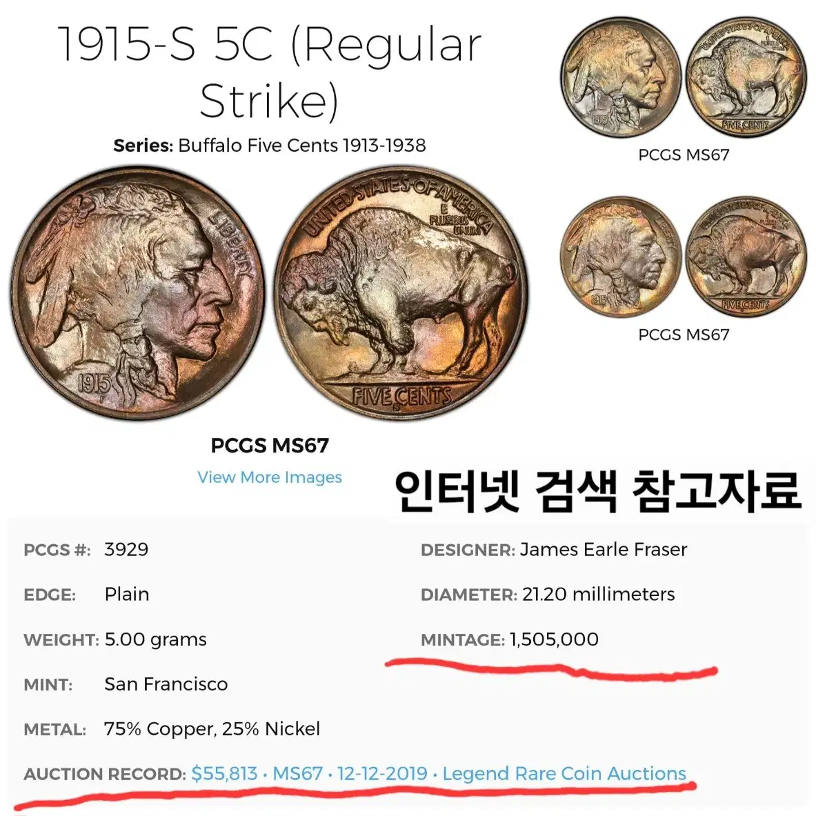 최소발행2 특년동전 빈티지 미국주화 버펄로 니켈 1915 S