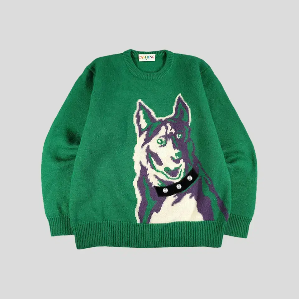 Vintage deep green watermelon color Siberian husky puppy graphic cubic beaded velvet patch