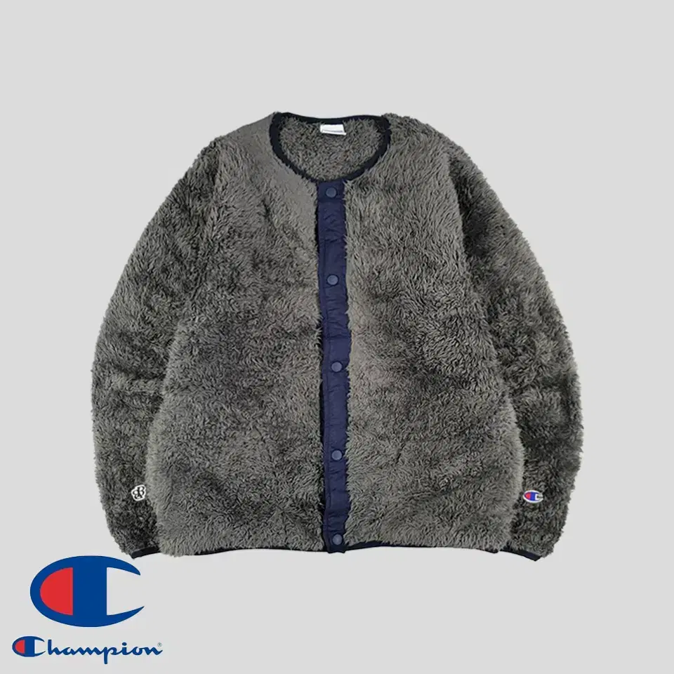 Champion JP deep gray navy lined logo patch snap button non-collar fleece hoodie