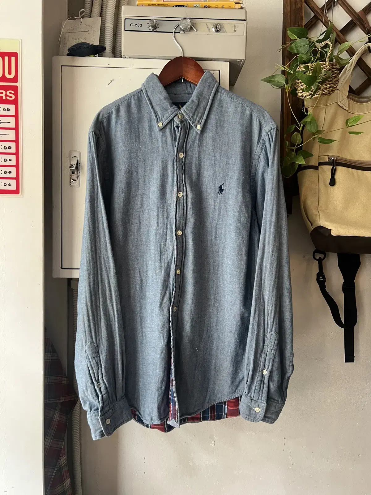 [M]Polo Ralph Lauren New check-quilted chambray shirt