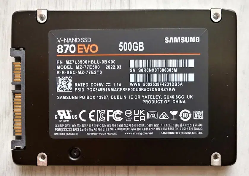 500GB 870EVO 삼성SSD(304시간 사용)