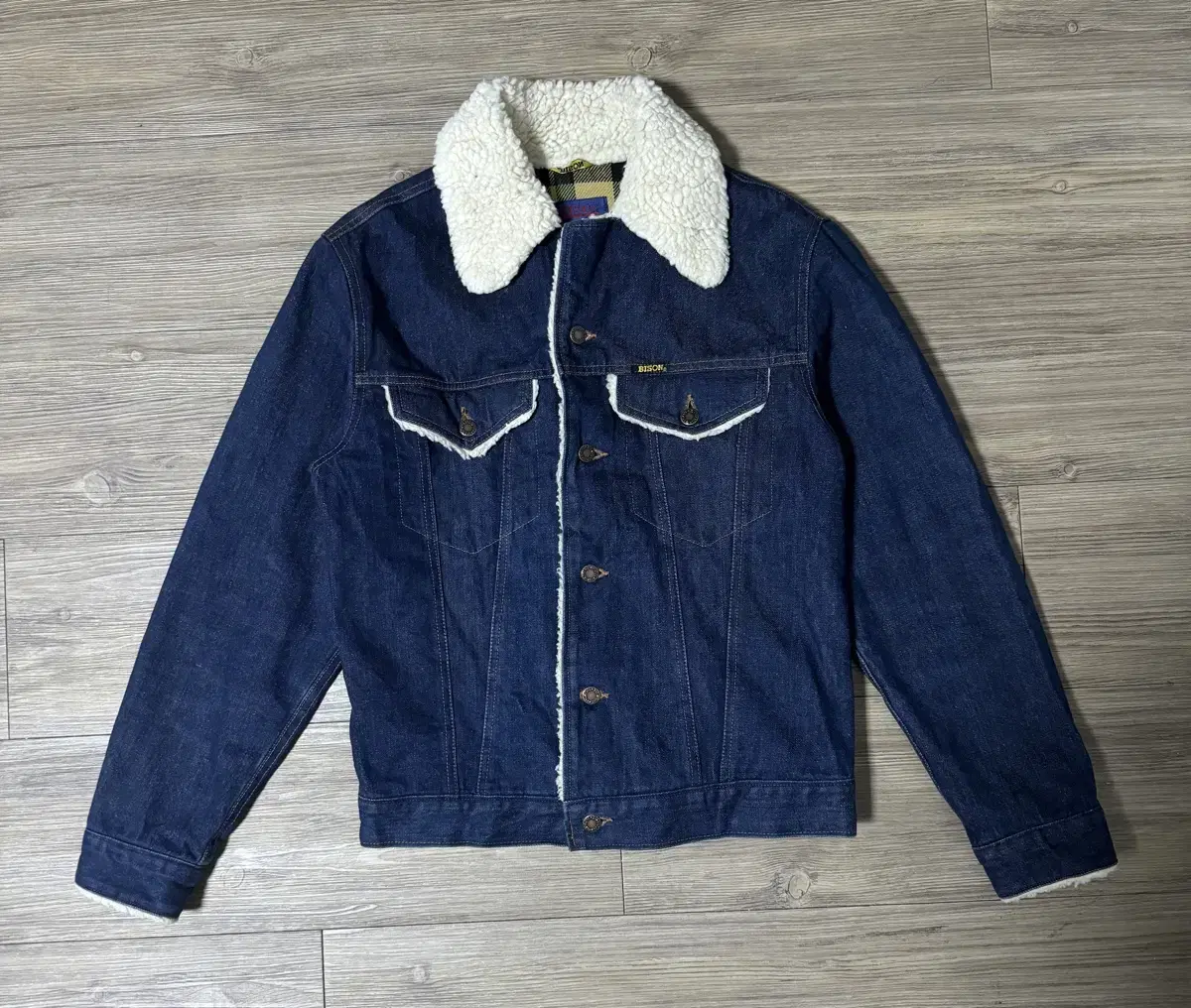 Vintage Angan Flannel Check Sherpa Indigo Denim Jacket