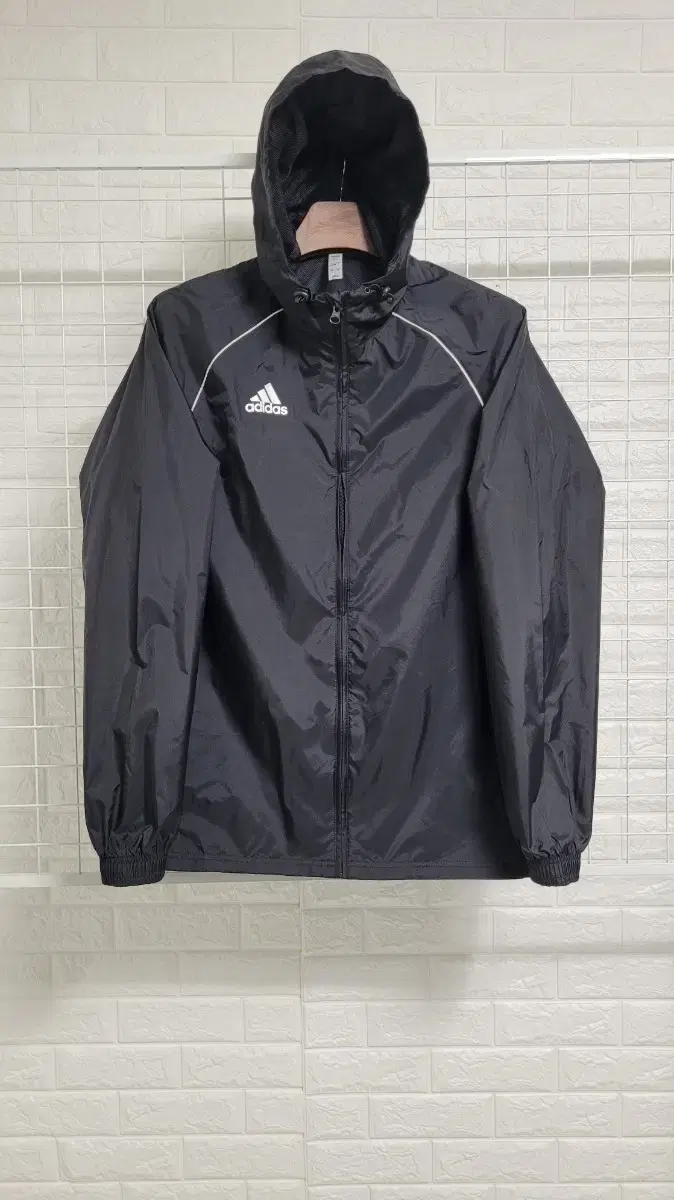 [L]Adidas Black X White Logo Black Hooded All-in-one Nylon Waterproof Windbreaker Jacket L