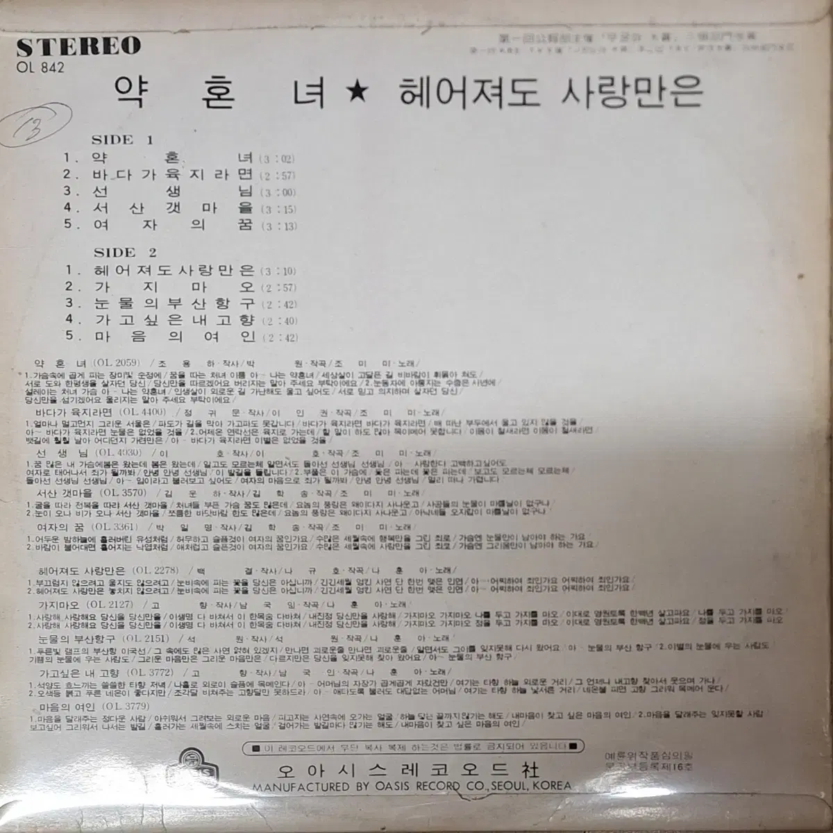 희귀음반/나훈아,조미미 LP