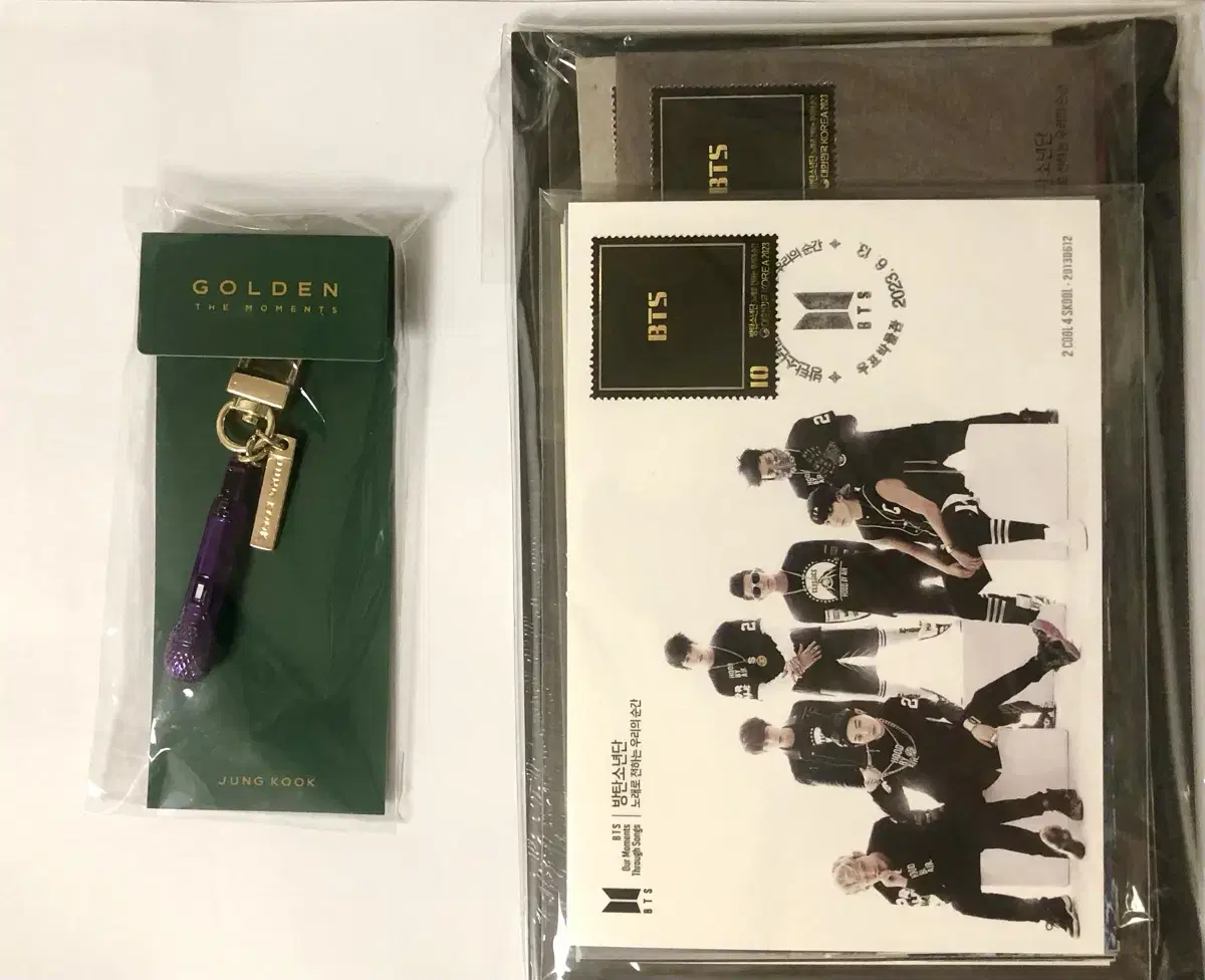 Jungkook Golden Exhibition Microphone keyring + bts Stamp Packet + First Class Envelope