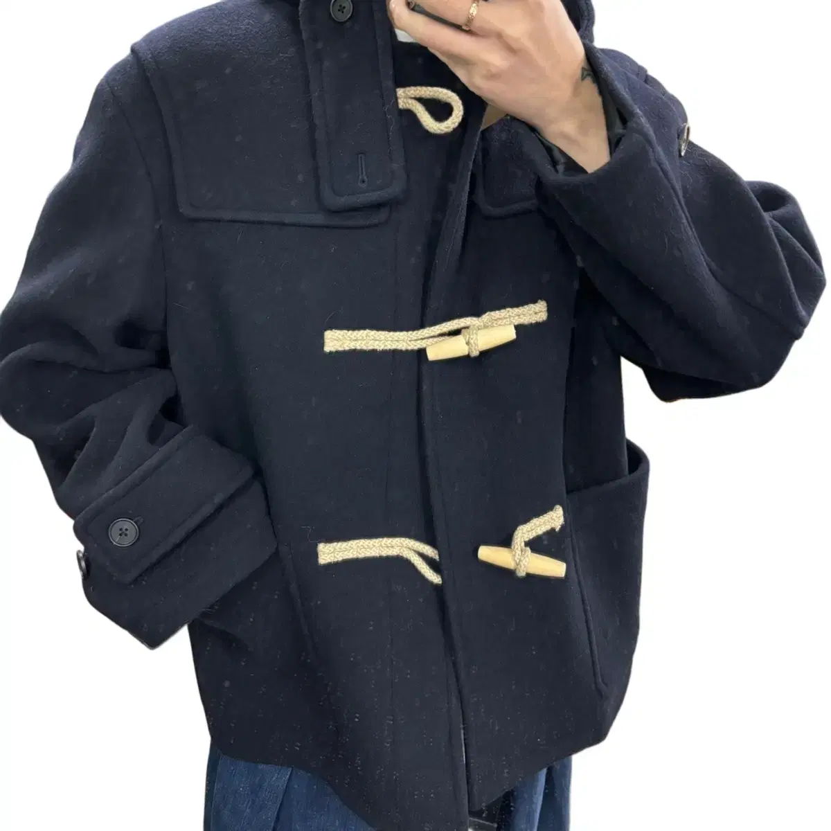 L Plain Navy Cashmere Blend Tteokbokki Coat Duffel Coat