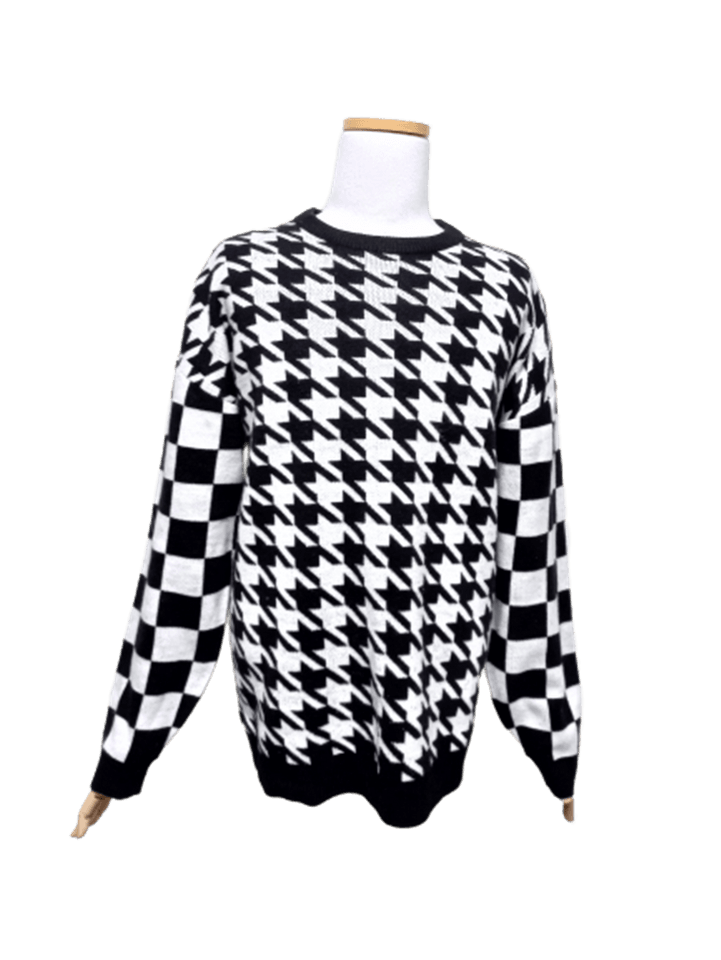 STCO Houndstooth Check Men's Round Neck Knit Long Sleeve T-Shirt105