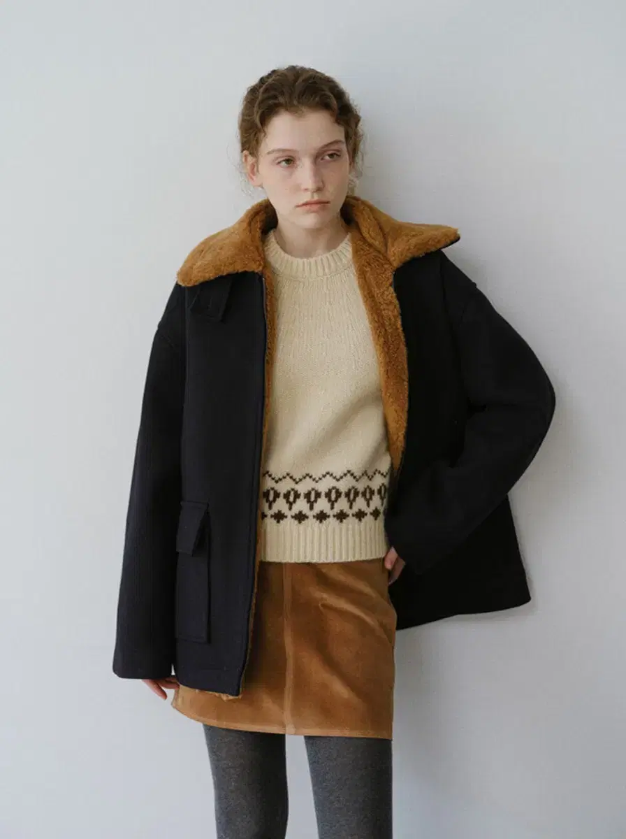 유라고 Shearling collar wool half coat 네이비