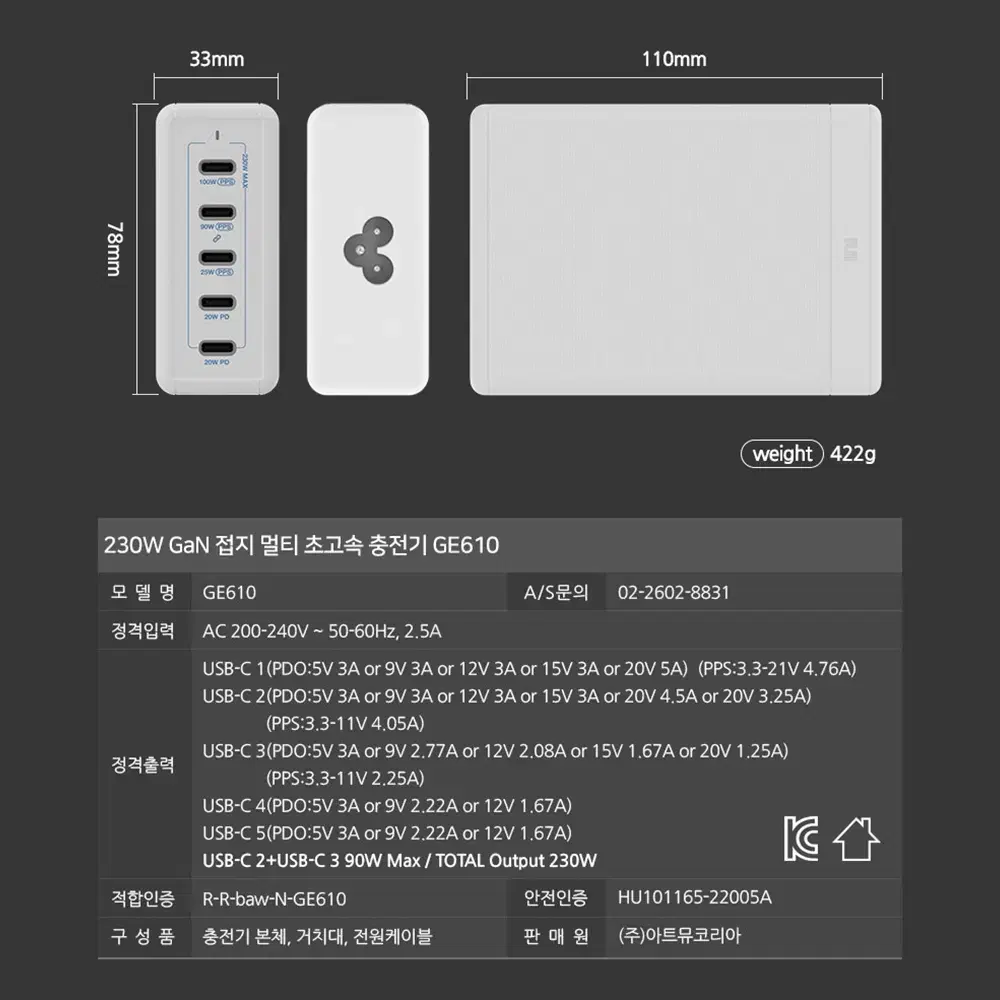 아트뮤 GE610 / 230W PPS GaN 접지 PD 초고속 충전기