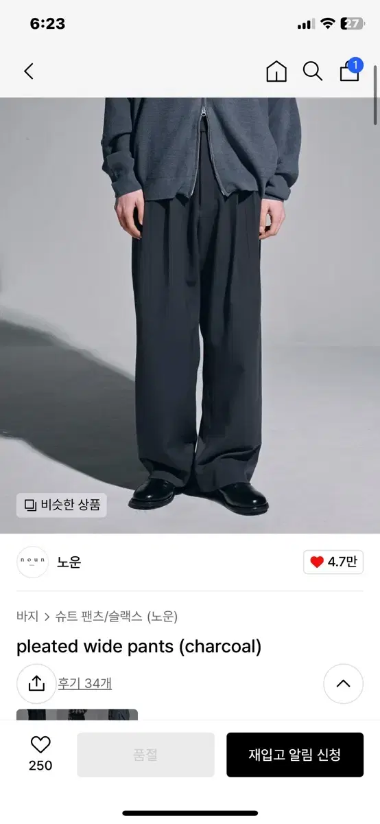 Noon Pleated Wide Pants Charcoal