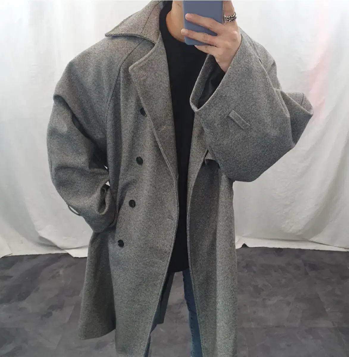 Men's Overfitted Herringbone Trench Wool Long Coat