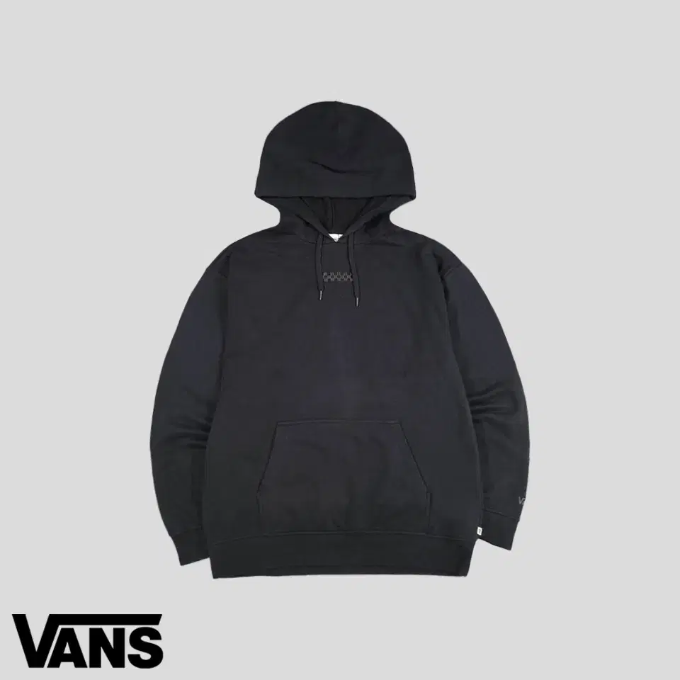 Vahn's Pigment Black Checkerboard Embroidered Kangaroo Pocket Brushed Cotton Blend Sweatshirt Hoodie