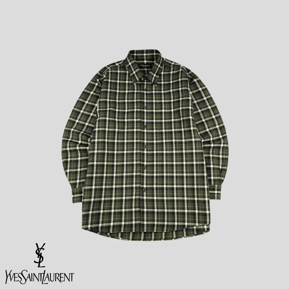 Yves Saint Laurent Pour Homme Khaki Olive Green Black Beige Plaid Embroidered Chest Pocket