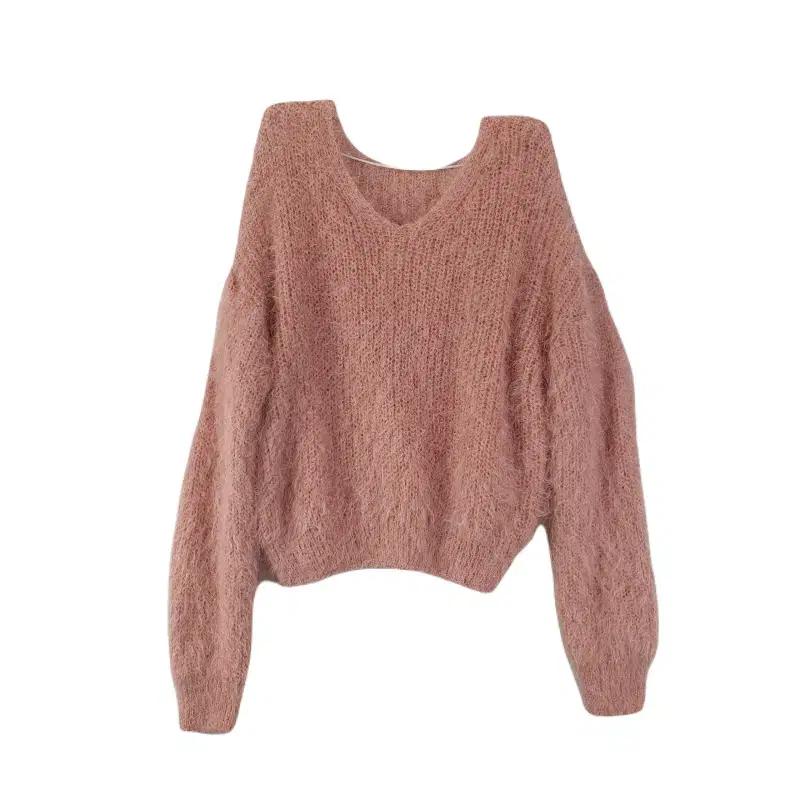 E8769 여FREE Pink V-neck loose fit angora knit/dirk