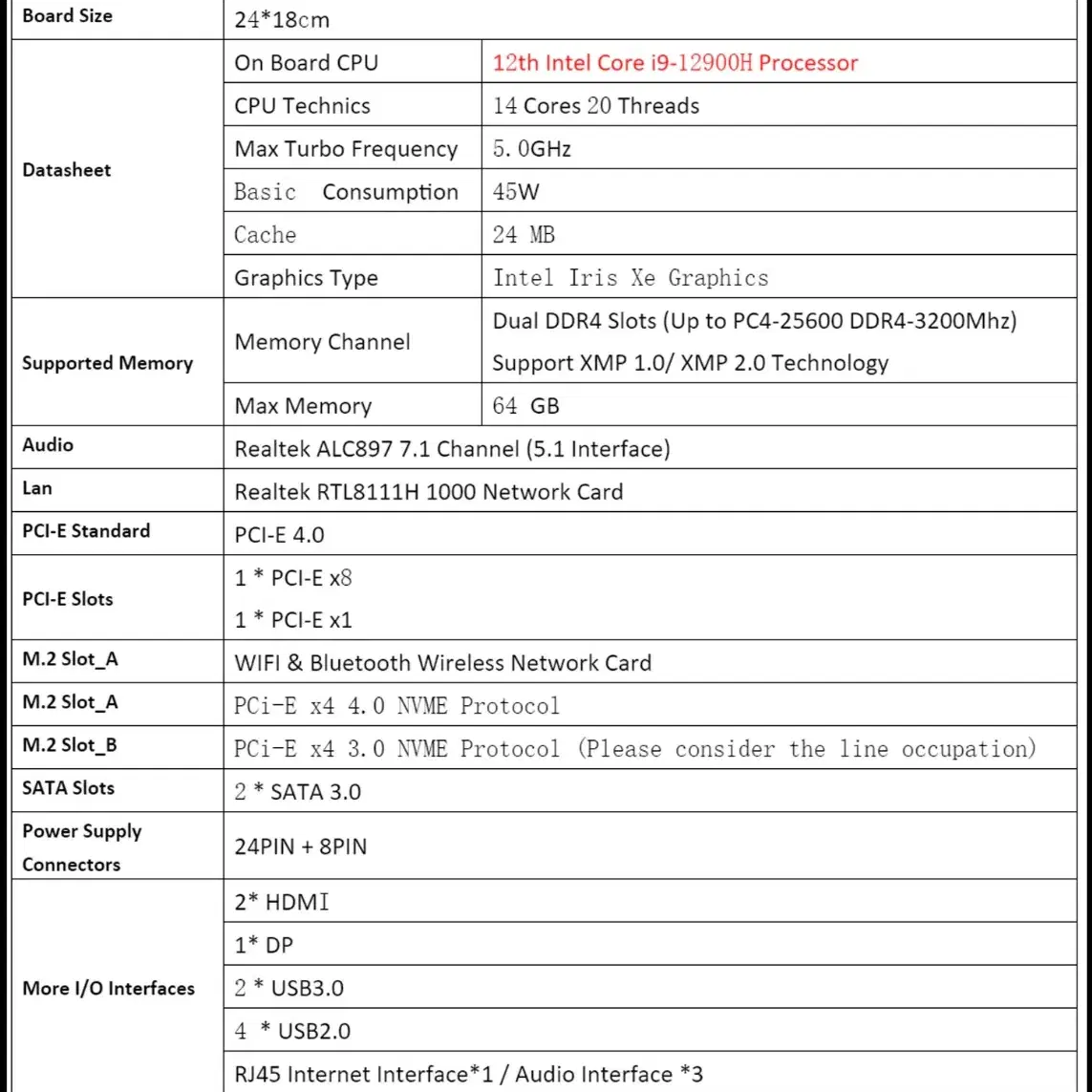 CPU+보드 ERYING i9 12900H 일체형 합본보드 DDR4램슬롯