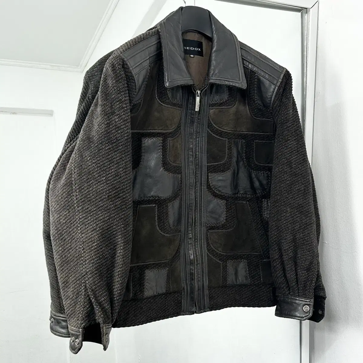 Redox Leather and Patchwork Woolen Knit Bomber Jacket