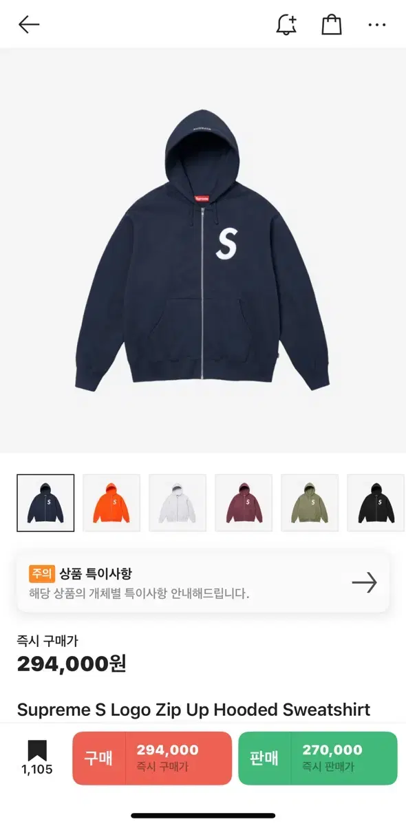 Supreme S Logo Zip-Up Hooded Sweatshirt Navy - 24FW size M