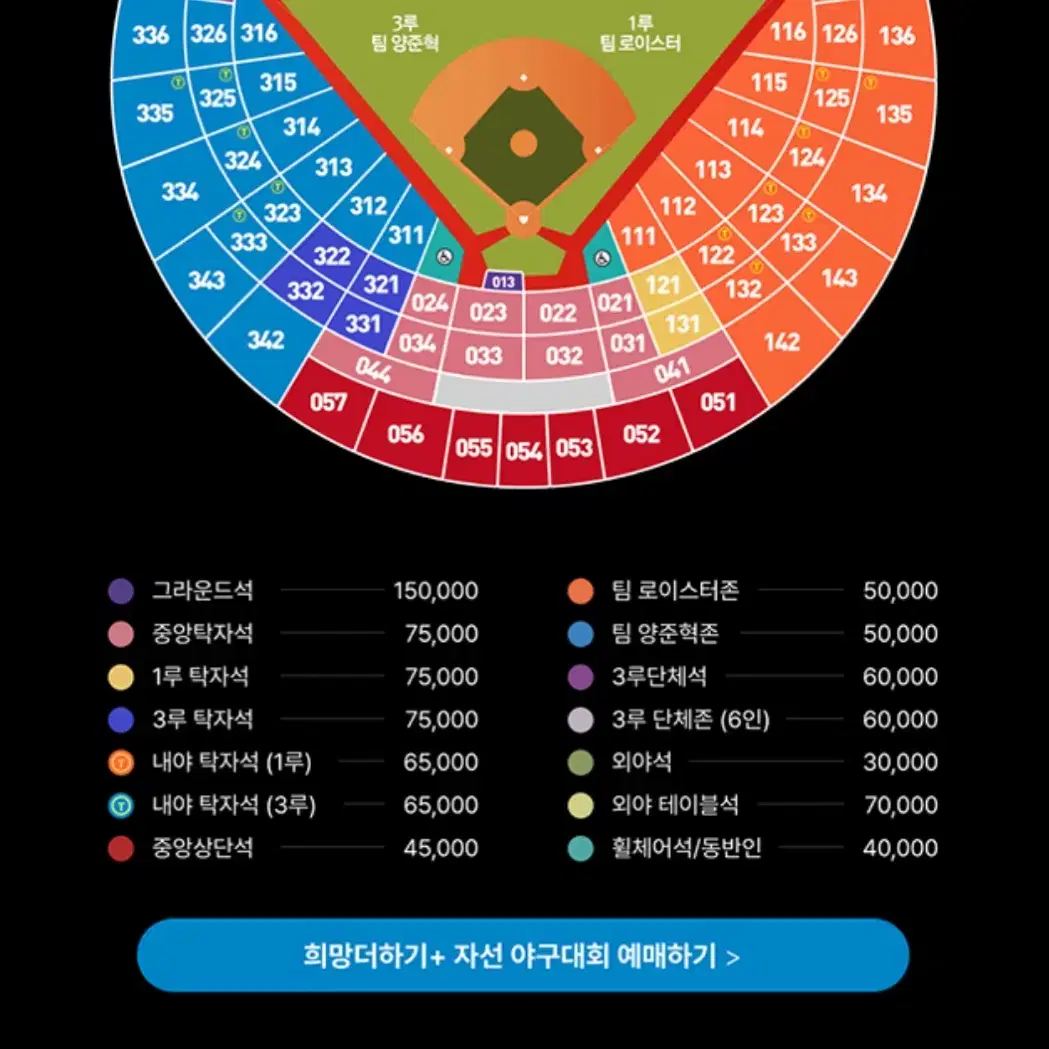 정가) 희망더하기 자선야구 중앙탁자석 통로 33구역 1열 2연석