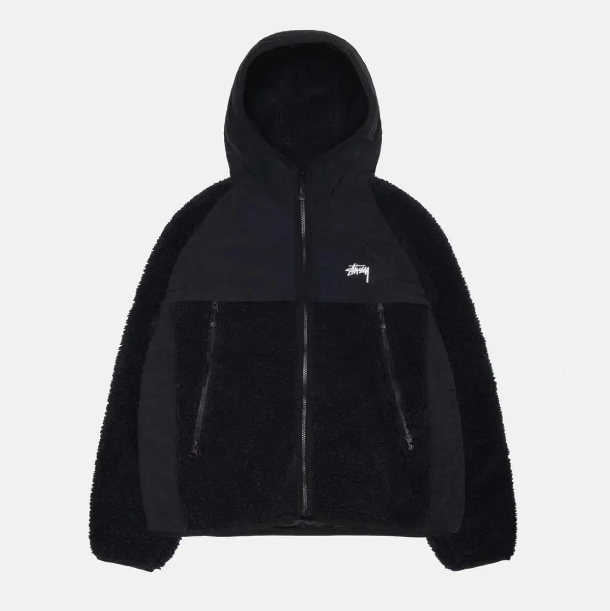 [L] Stussy Sherpa Paneled Hooded Jacket Black Fleece Fleece Hoodie