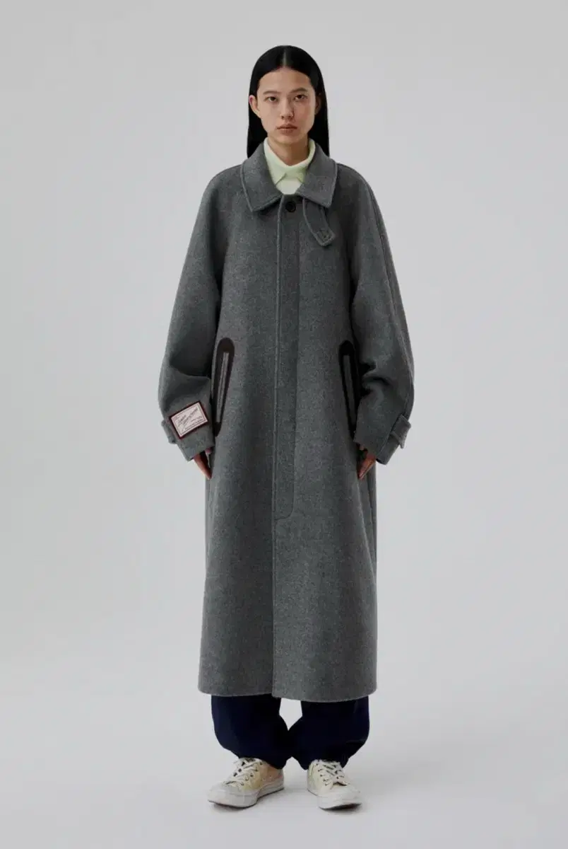 (L)London Underground Leather Patch Balmacan Coat_Grey