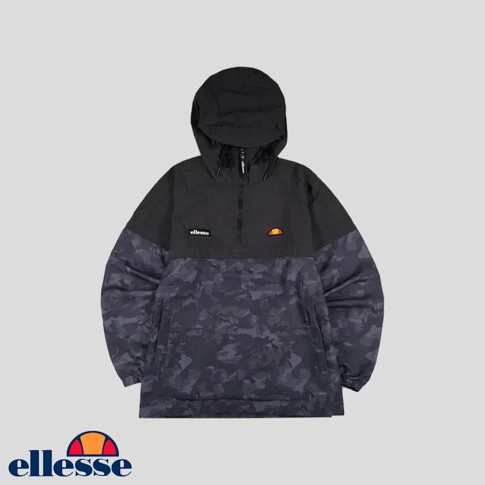 L'Elysée Black Navy Tonal Camouflage Patterned Patchwork Half Zip Up Anorak