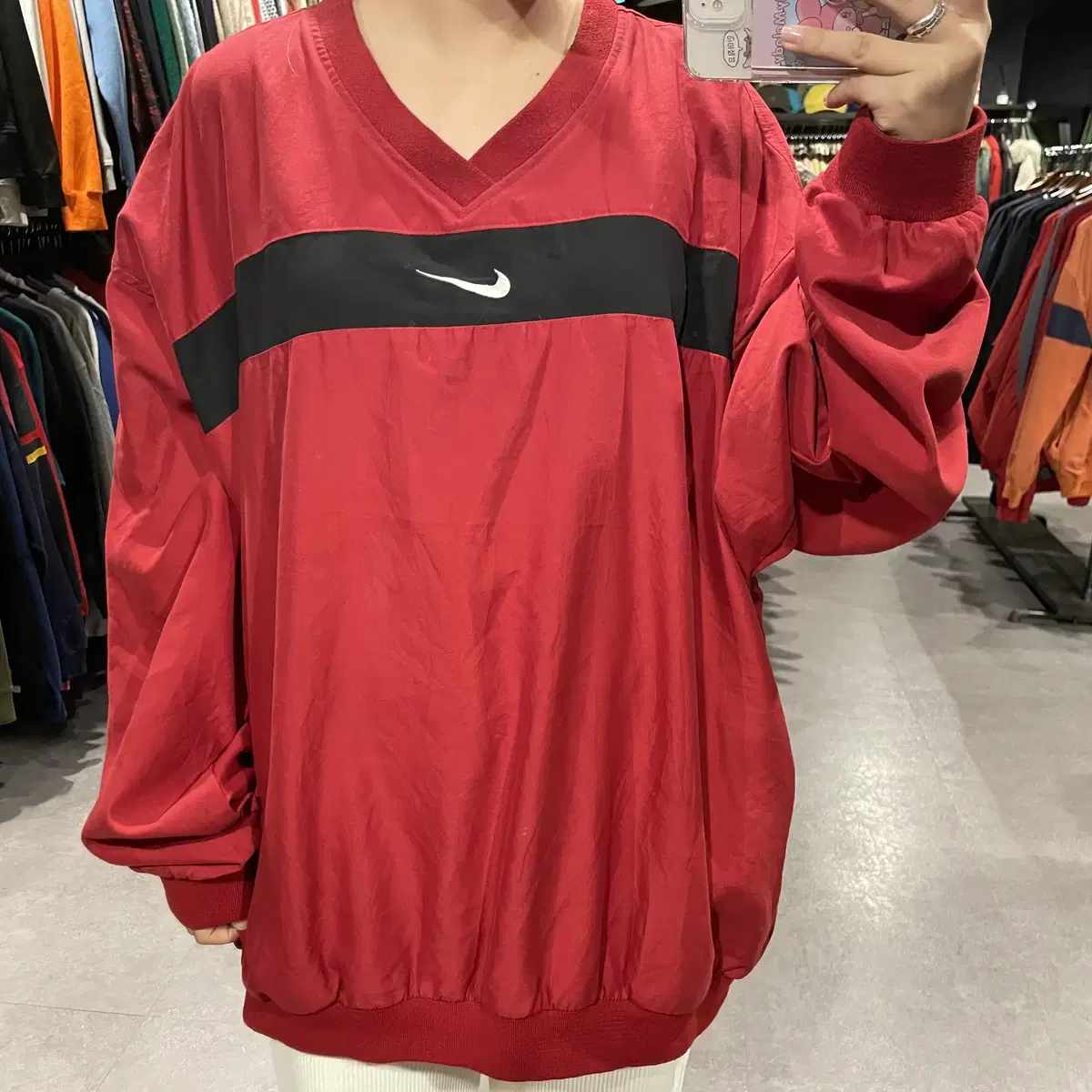 (069) NIKE 나이키 올드스쿨 스우시 배색 아노락웜업 레드