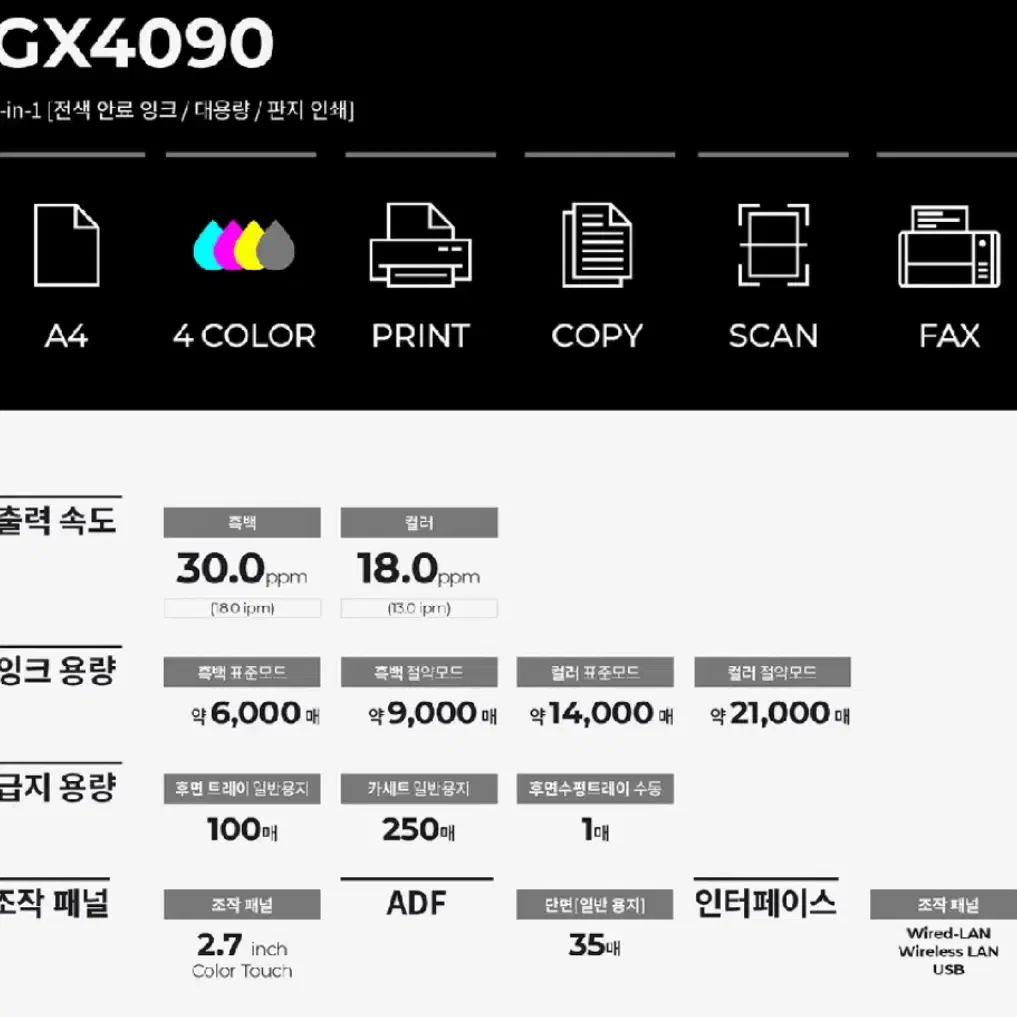 캐논 GX4090 무한잉크 복합기 컬러 프린터 스캔 팩스 복합기 새상품