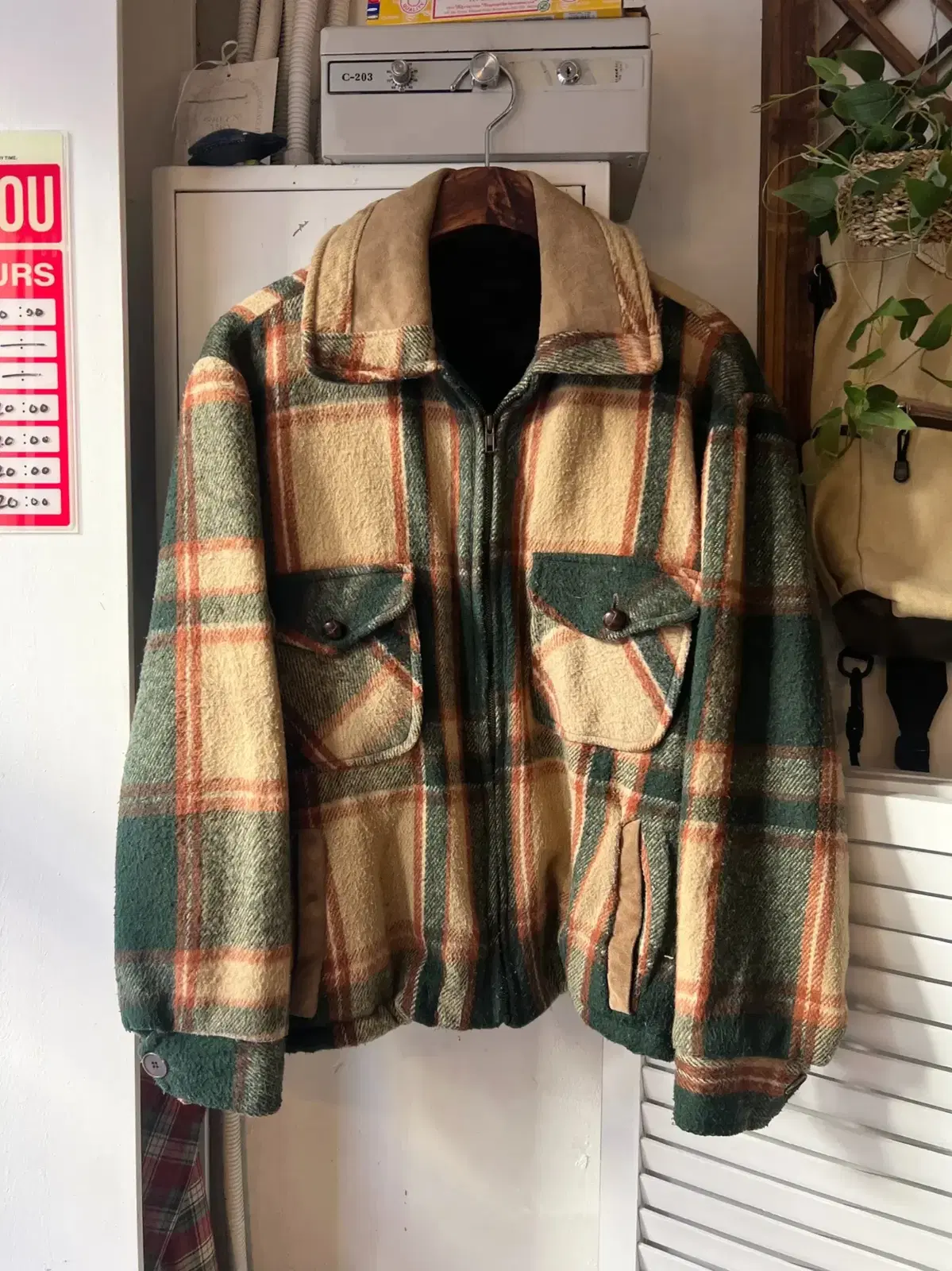 [XL]90's USA Vintage Heavy Wool Sherpa Tartan Check Hunting Jacket