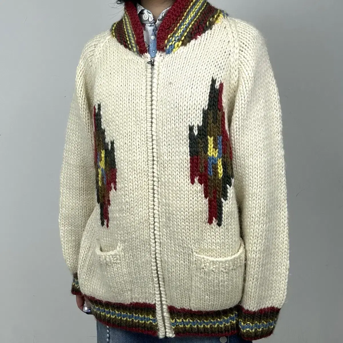 (Free Shipping) Japanese vtg Navajo Big Logo Cowichan Sweater Jacket