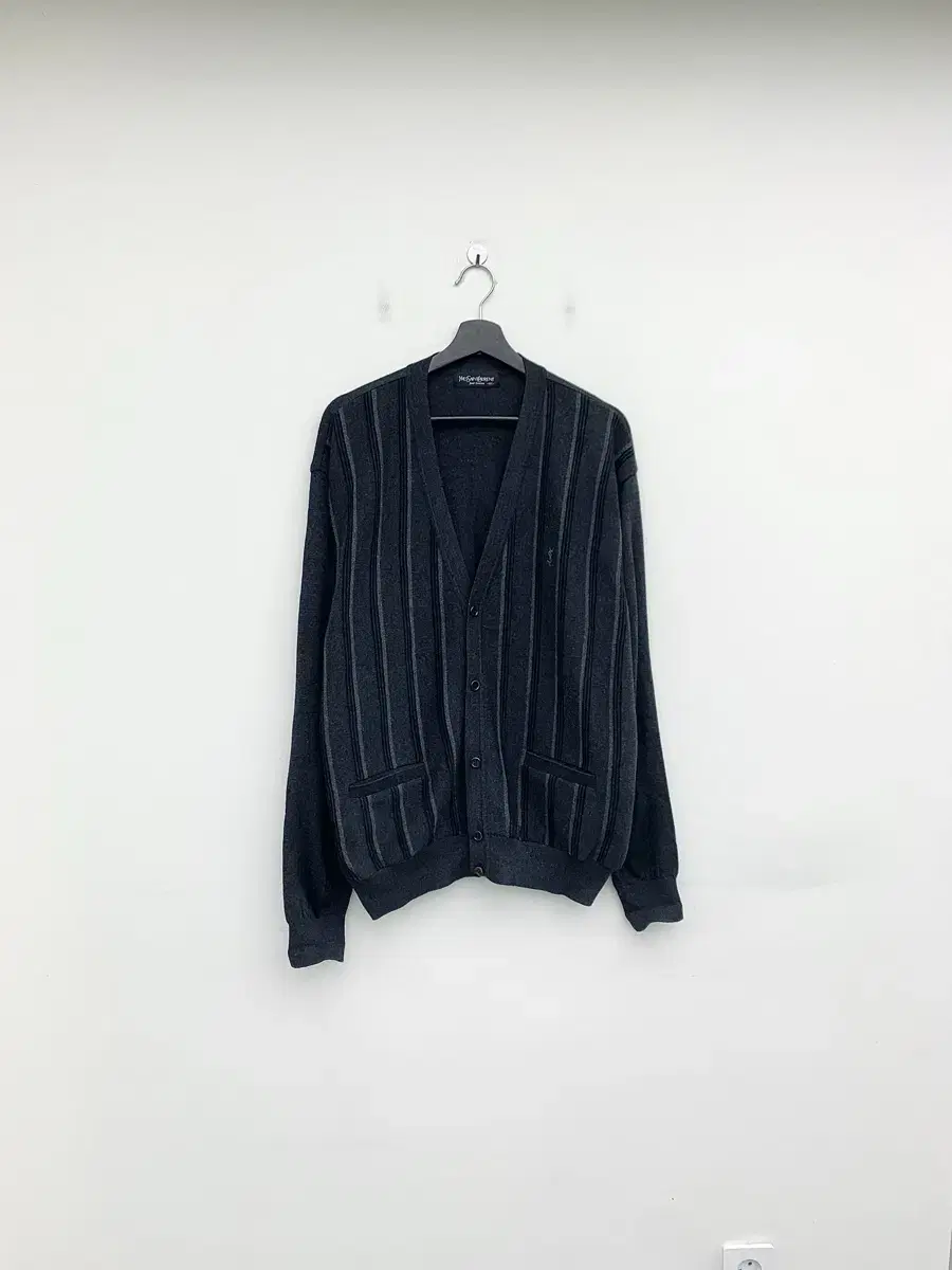 Yves Saint Laurent Pour Homme Charcoal Gray Striped Wool Cardigan