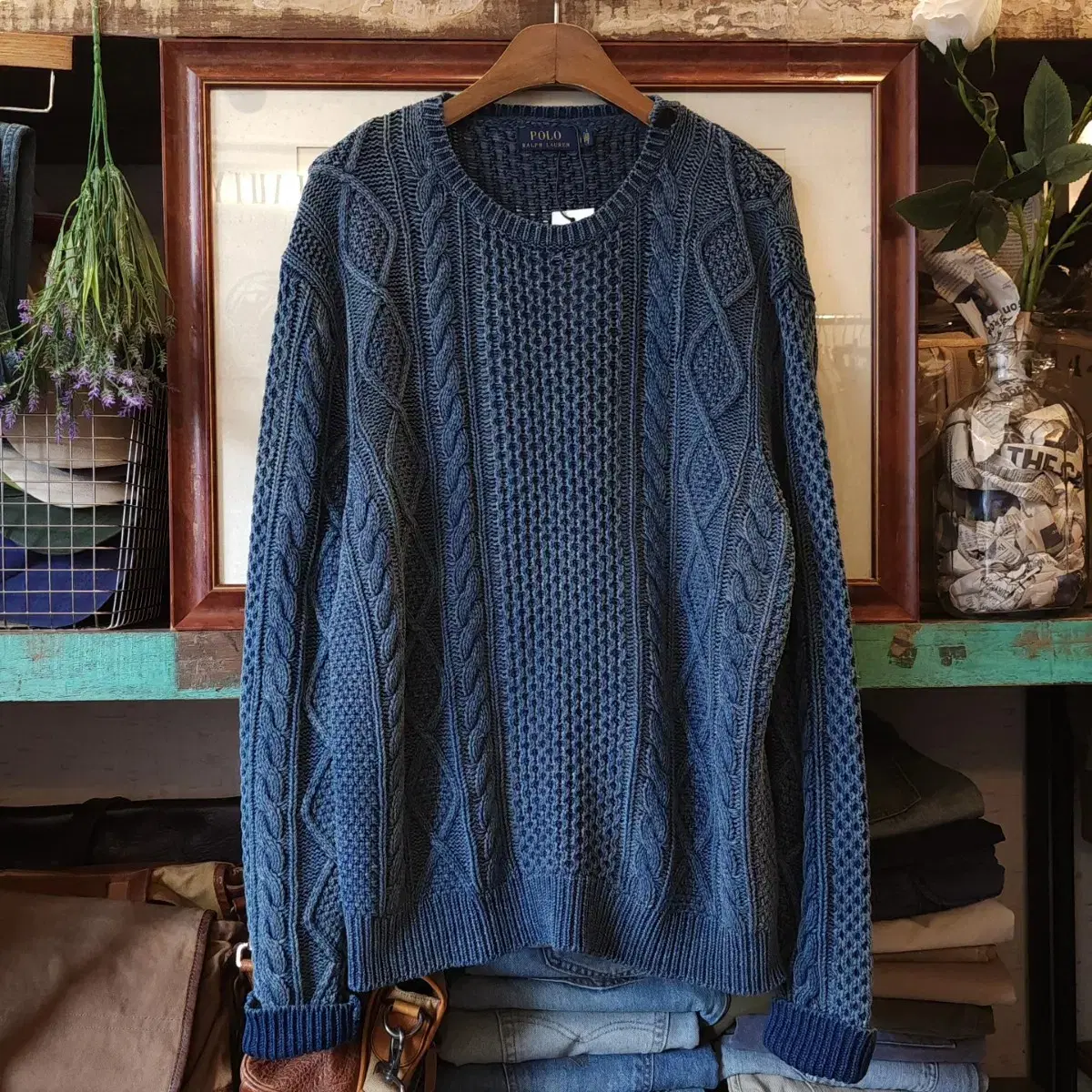 Polo Ralph Lauren Indigo Washed Fisherman Cable Cotton Knit L