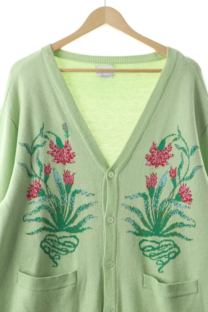 (L) Obey knit zip-up green cardigan floral-105E2