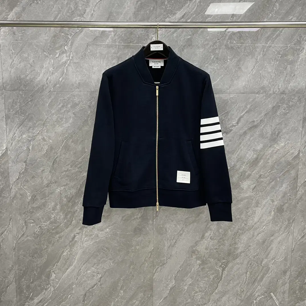 Thom Browne Navy Diagonal Lapel Loopback Bomber Jacket Coat