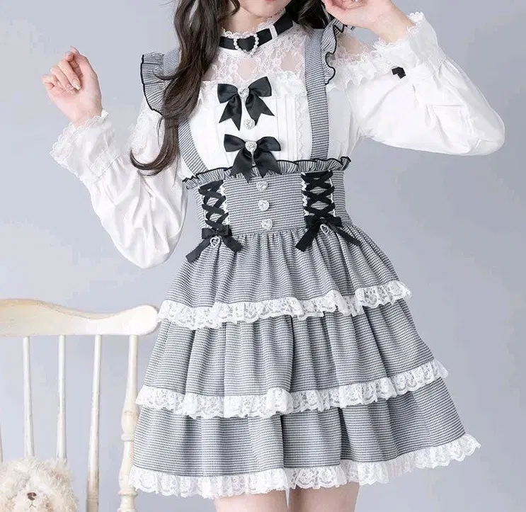 DearestMyLove DeMarup Heart Bijou Lace-Up Ribbon Flared Skirt with Double Mines