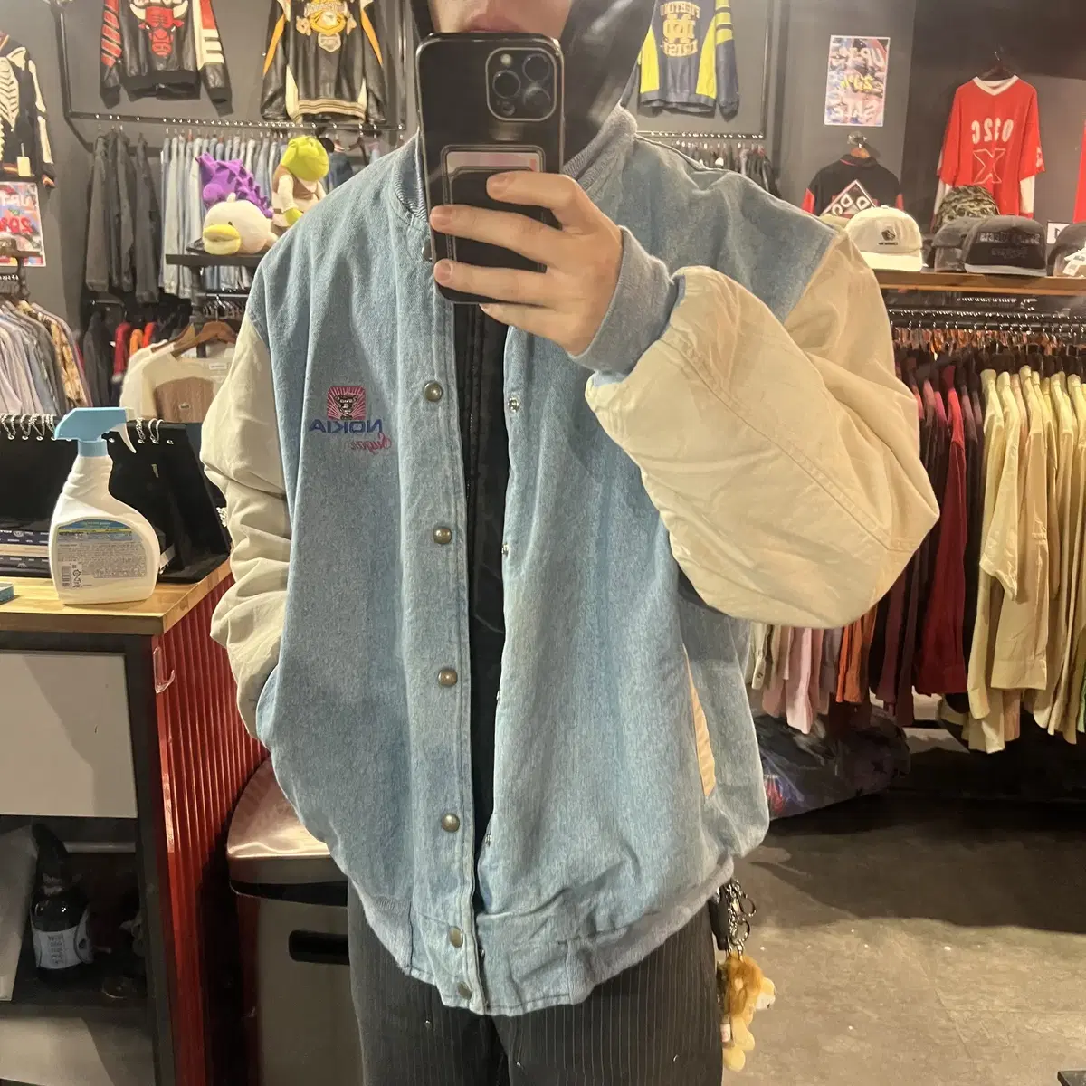 (end385) Vintage denim bomber jacket with embroidered NOKIA logo