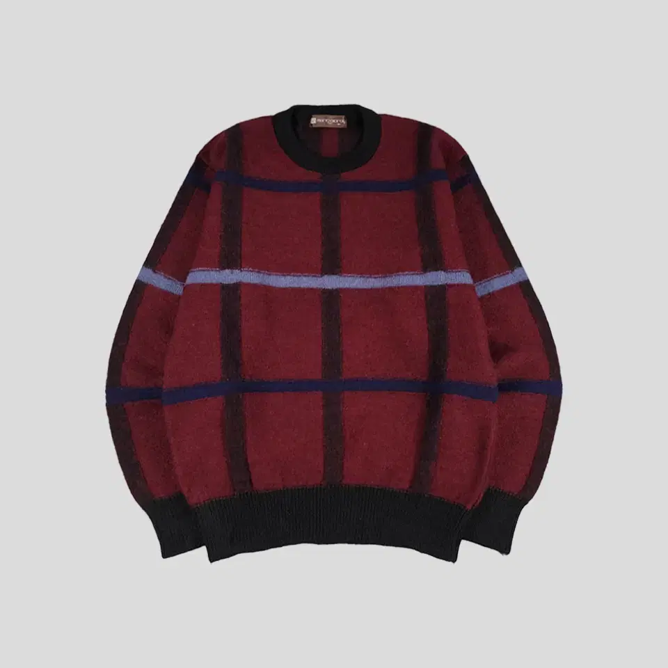 MARIO GIORGI Burgundy Navy Black Big Check Pattern Wool Round Neck Knit