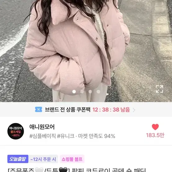 애니원모어 코듀로이 숏패딩