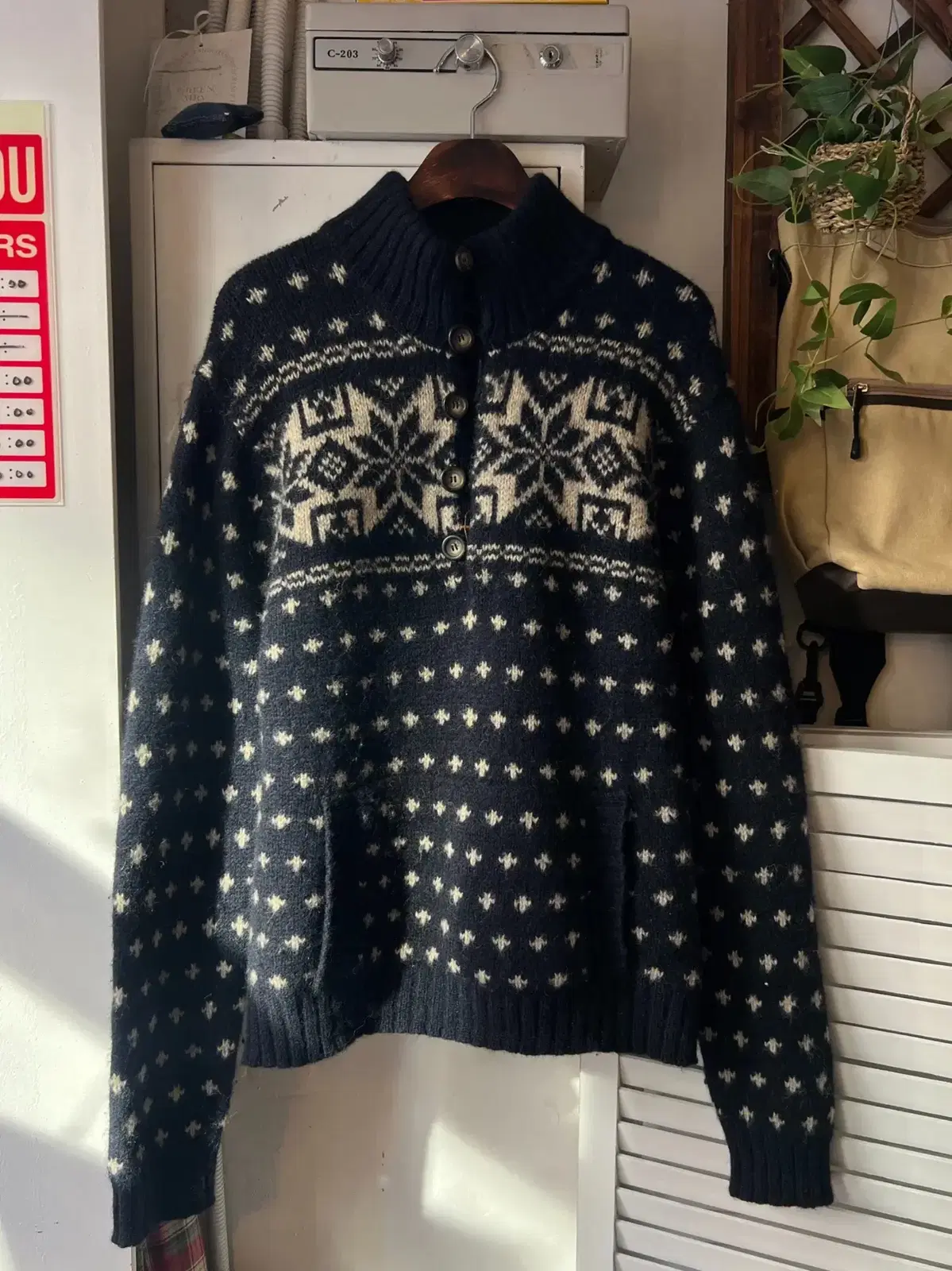 [L]90's USA Vintage Snow Pattern Half Button Knit Sweater