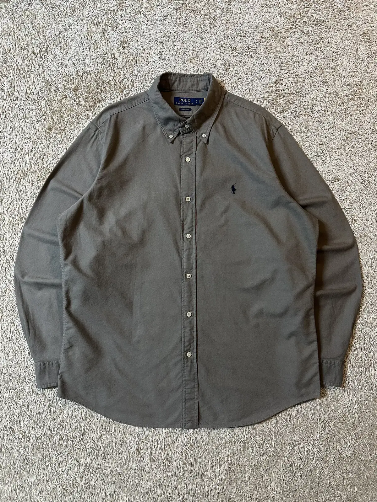 [L] Polo Ralph Lauren New QR Classic Fit Navy Pony Oxford Shirt Gray