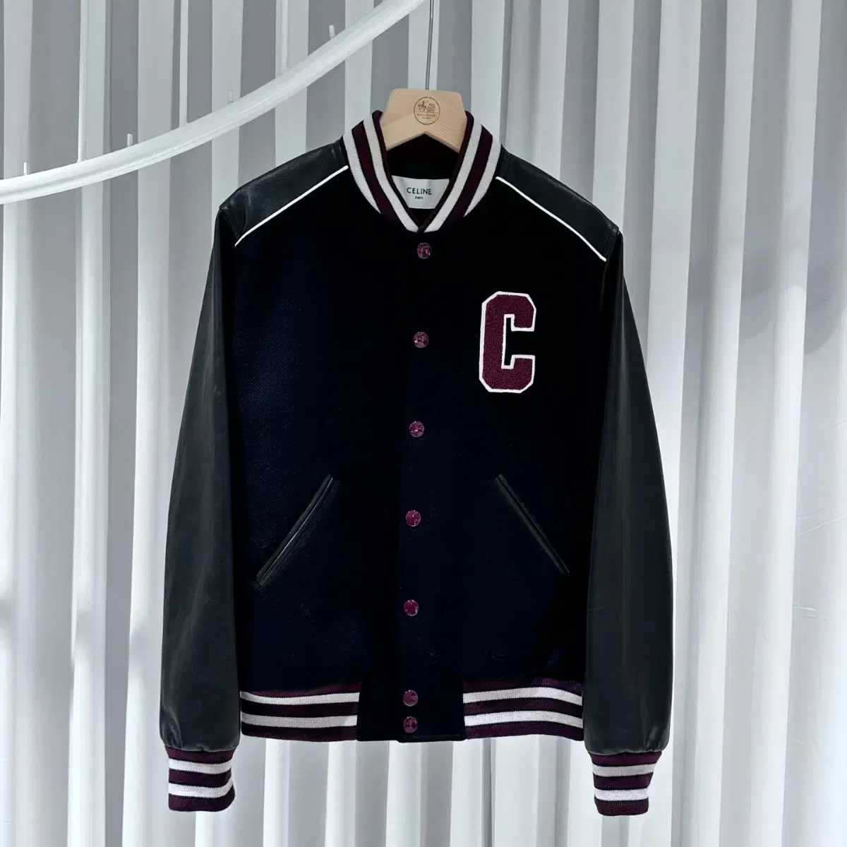 Seline Logo Leather Varsity Jacket Black / Unused 50