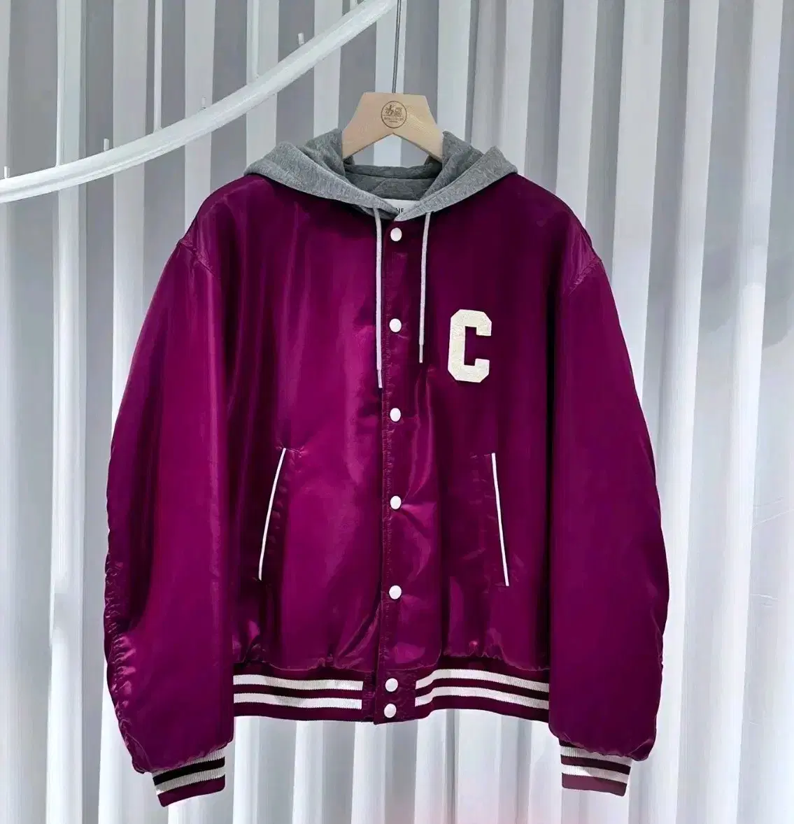 Seline College Backlogo Teddy Bomber Jacket Burgundy / 48