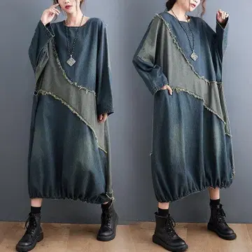 인기 컬러 시접 데님 원피스 와이드한 프릴이 돋보이는 미디엄 스커트